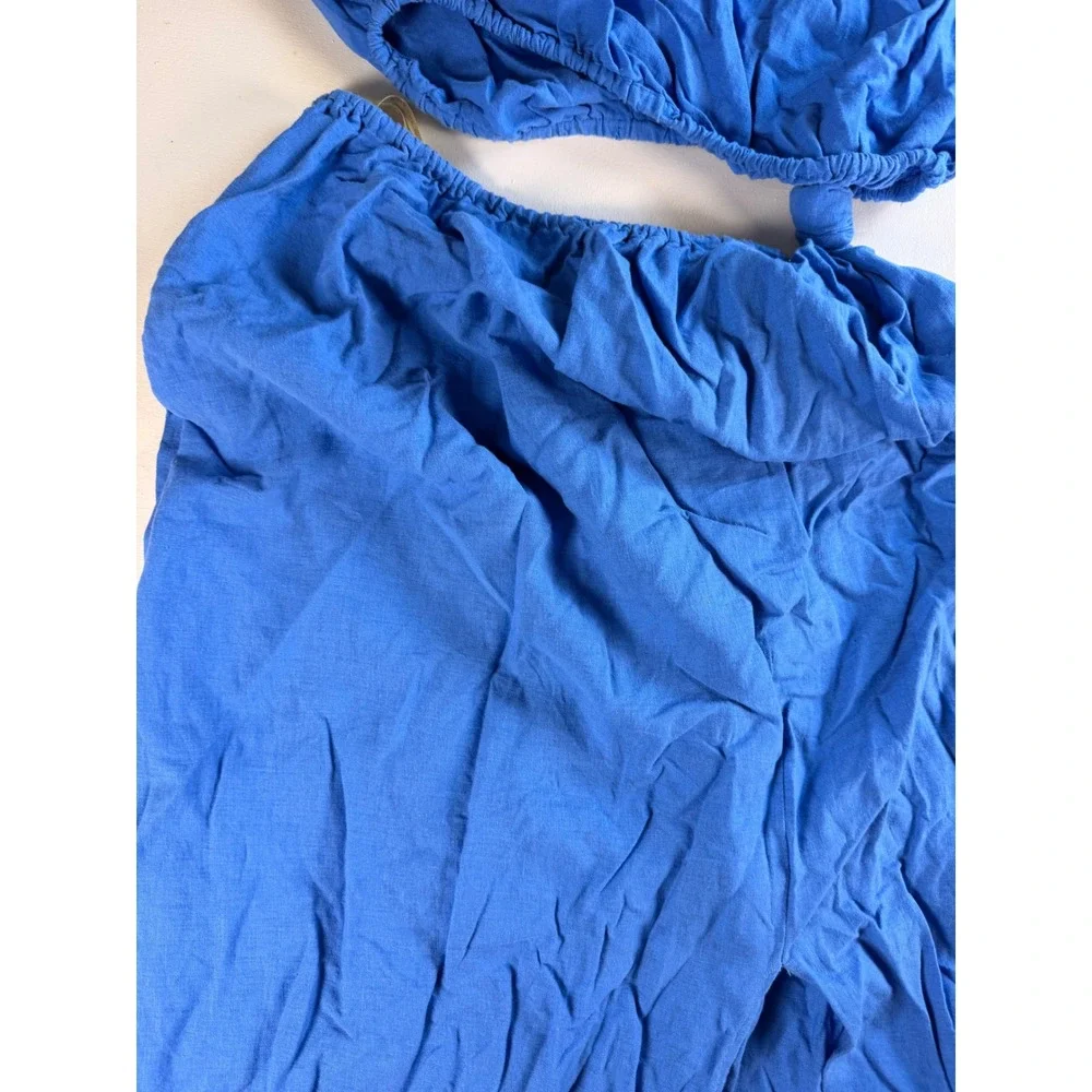 Farm Rio 2-Piece Skirt Set Women XS Blue Excellent Linen Blend Midi Side Slit